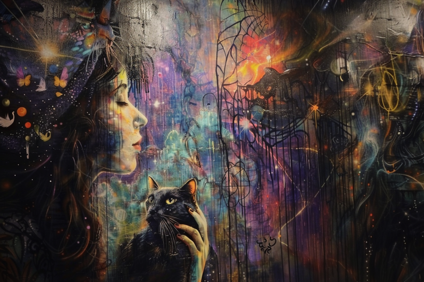 women with cat in magical graffiti 