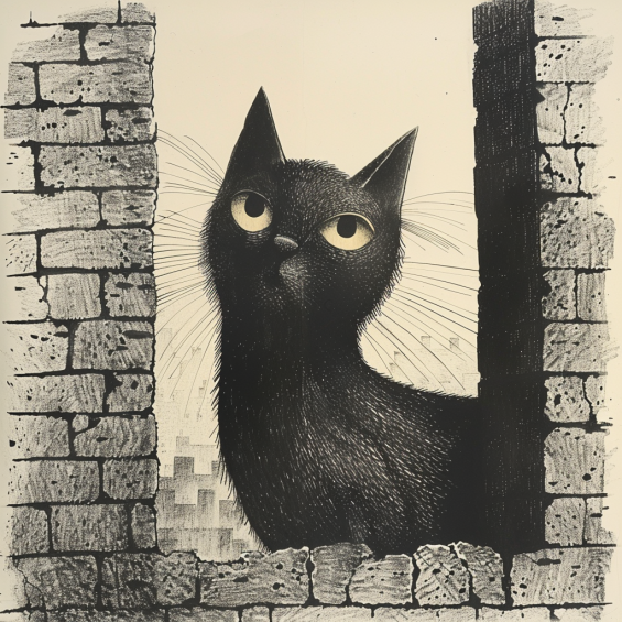  cartoon black cats and a wool with bricks
