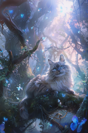 cat in mystical woold and blue butterfly