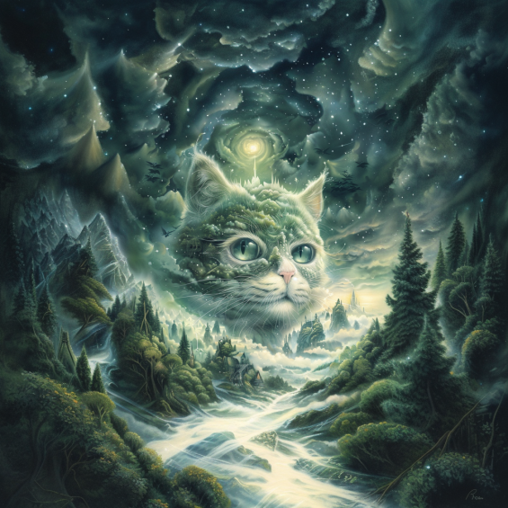 integration of feline features into fantastical landscapes