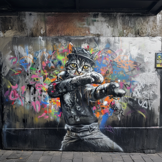 graffiti cat in pose like a famous movie star