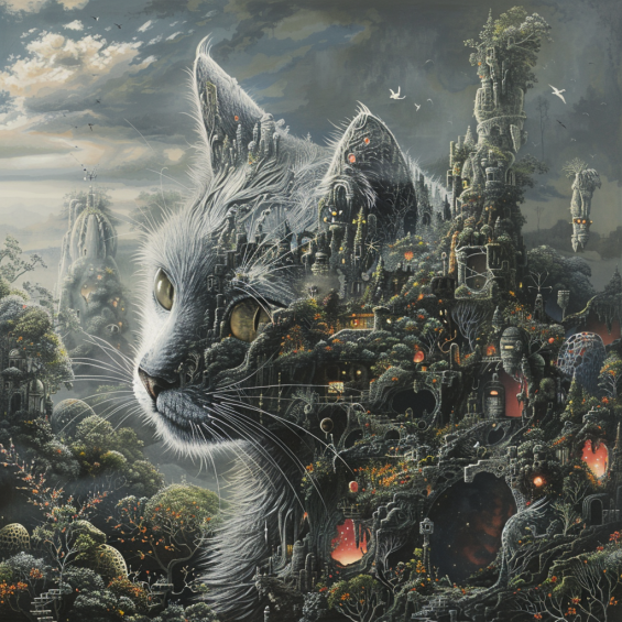integration of feline features into fantastical landscapes