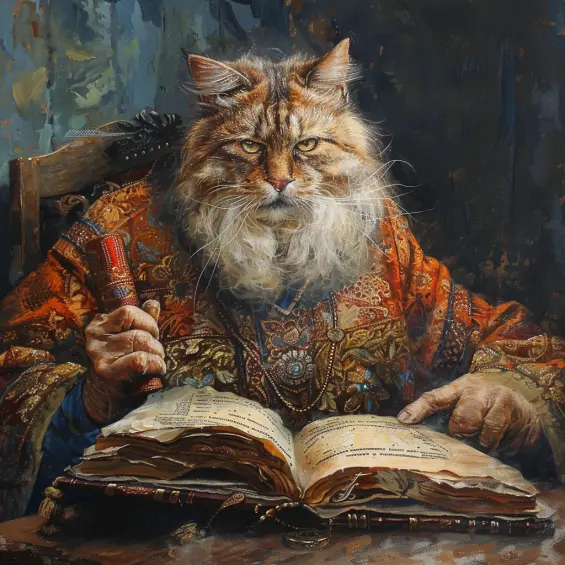 a painting of a cat sitting at a book