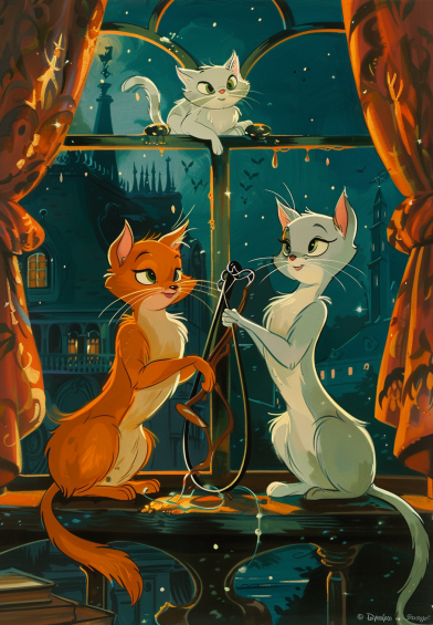 he disc for the disney classic, the ariscats, in the style of depictions of aristocracy, whimsical, lighthearted atmosphere, romanticized nostalgia