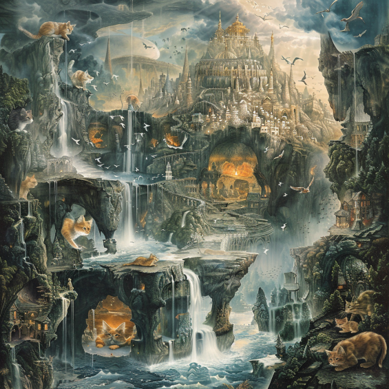 integration of feline features into fantastical landscapes