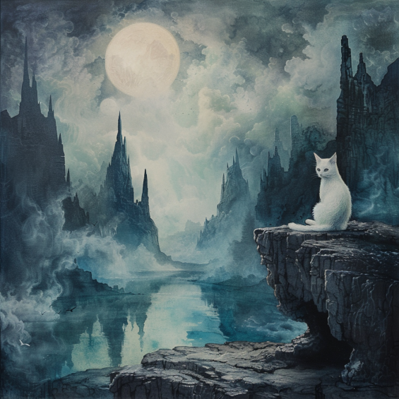 white cat at the fantasy mystical landscape