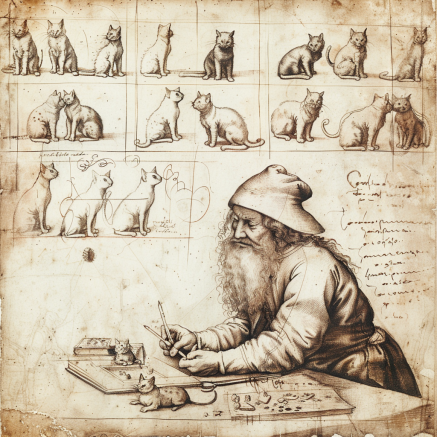 da Vinci sketching the many cats that roamed his workshop