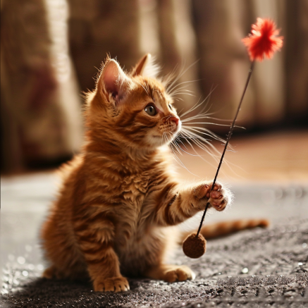 This image features an adorable ginger kitten with a soft, fluffy coat, engaging with a wand toy. The kitten's attention is captivated by the toy, with one paw delicately raised to bat at the dangling object, which sports a red plume