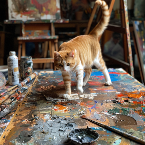 Renaissance art studio: a cat nonchalantly walks across a freshly painted canvas