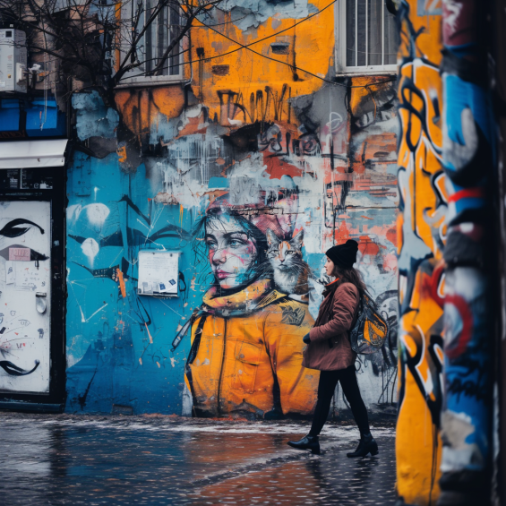 women with cat in urban graffiti 