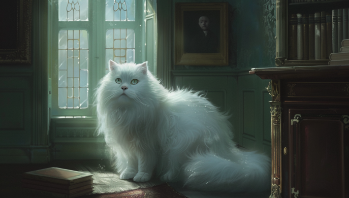a big white cat in the middle of a room, in the style of george lucas