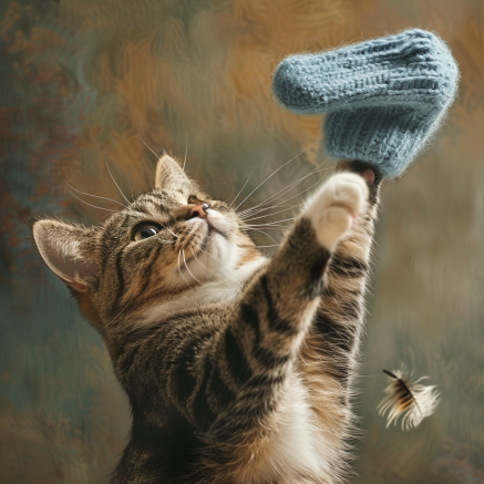  illustration of a playful cat interacting with a homemade sock toy, complete with catnip and feathers. The cat appears to be fully engaged in batting at the toy, enjoying the playtime.