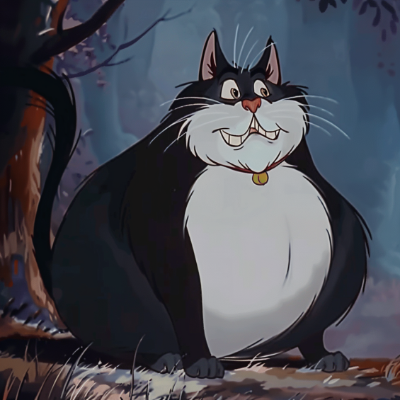 disney Cinderella (1950) style funny bleak and white fat cat Lucifer