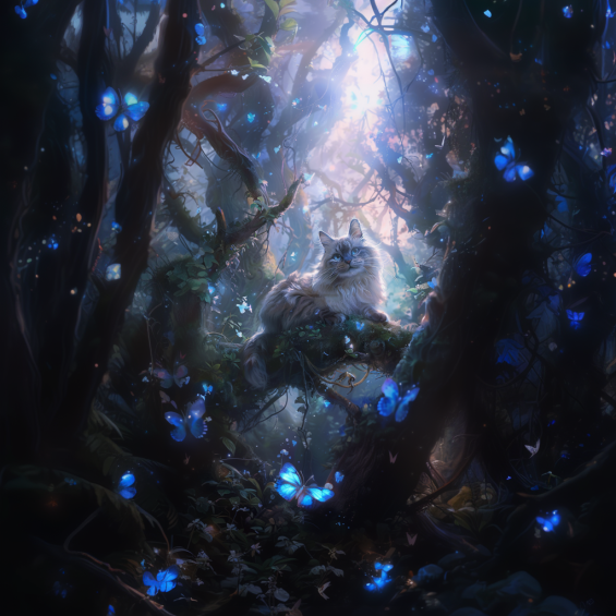 cat in mystical woold and blue butterfly