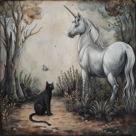 a little black cat and big unicorn