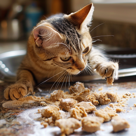The image displays a curious tabby cat attentively pawing at homemade cat treats scattered on a flat surface. The cat's expression is one of focused interest as it explores the treats, possibly ready to indulge or simply intrigued by the texture or smell.