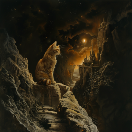 cat at mystical dark landscape
