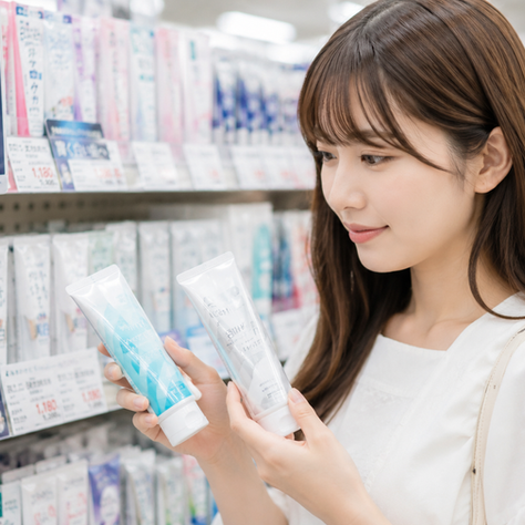 ドラッグストアで若い女性が歯磨き粉2本を手に取り、棚の「輝く白い歯へ」や価格表示を見比べている