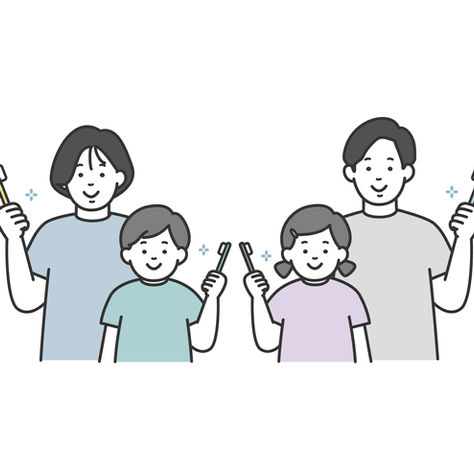 4人家族が歯ブラシを持って微笑むイラスト。背景は白で清潔感がある。穏やかな雰囲気が漂う。
