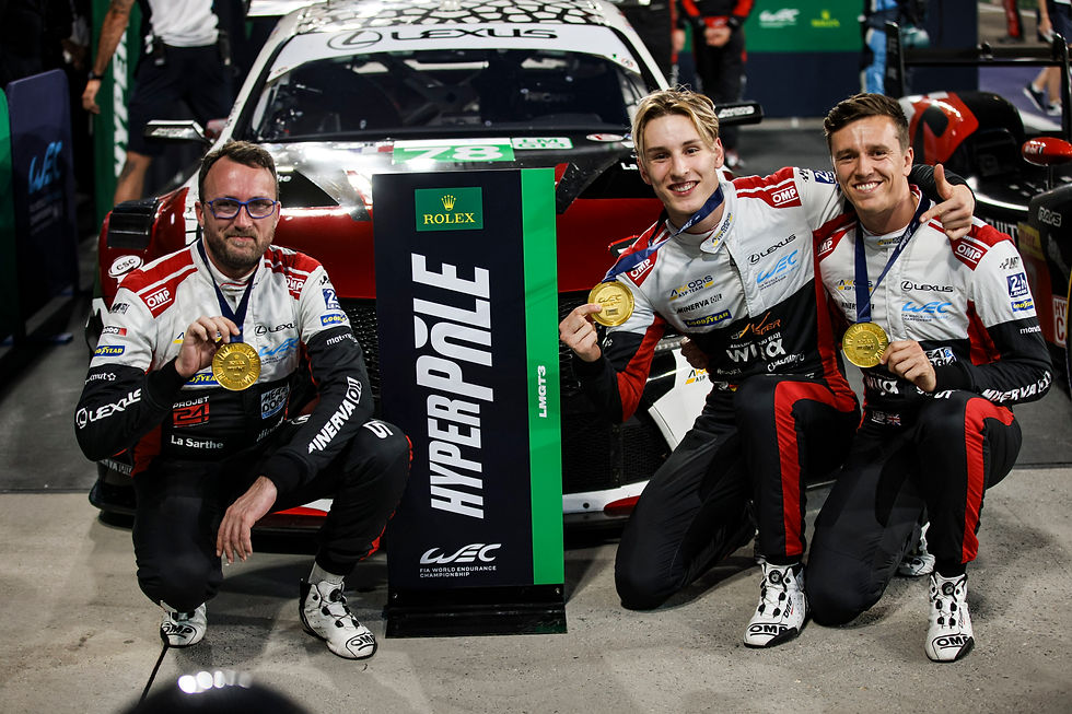 Three drivers celebrating their pole position during the Hyperpole with medals and a Hyperpole plaque | Credit: DPPI