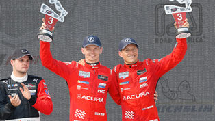 The No.93 Acura MSR drivers Nick Yelloly and Renger van der Zande on the podium | Credit: Acura Newsroom