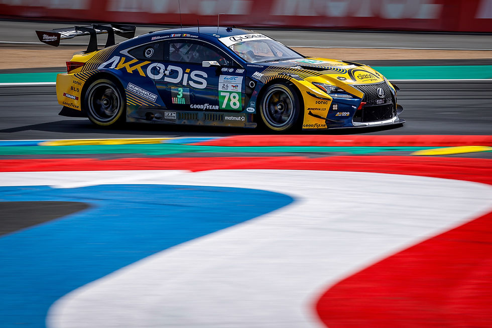 Blue and yellow Lexus race car number 78 speeding around a track, with blurred red, white, and blue curbs behind it | Credit: DPPI/ Paulo Maria