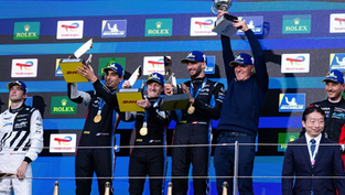 The No.35 race-winning Alpine drivers on the podium of the 6 Hours of Fuji | Credit: Alpine