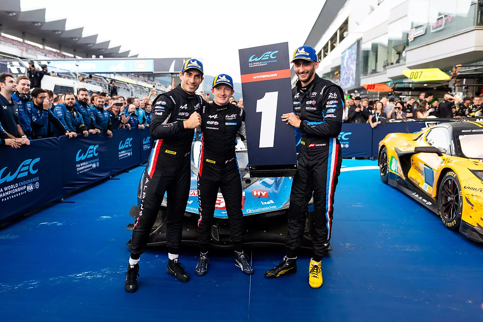 The No.35 Alpine drivers celebrating their victory at Fuji (L-R: Chatin, Milesi, Hapsburg). Habsburg holds the No.1 sign. | Credit: Alpine
