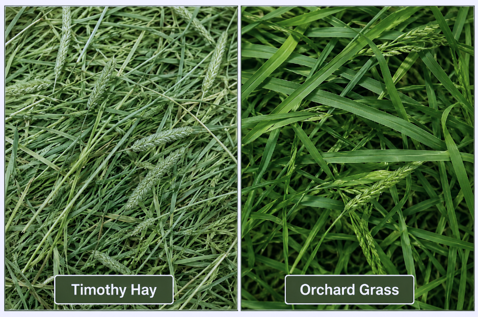 Close-up comparison of Timothy and Orchard grass textures, showing dense green patterns. Labels identify each type below the images.