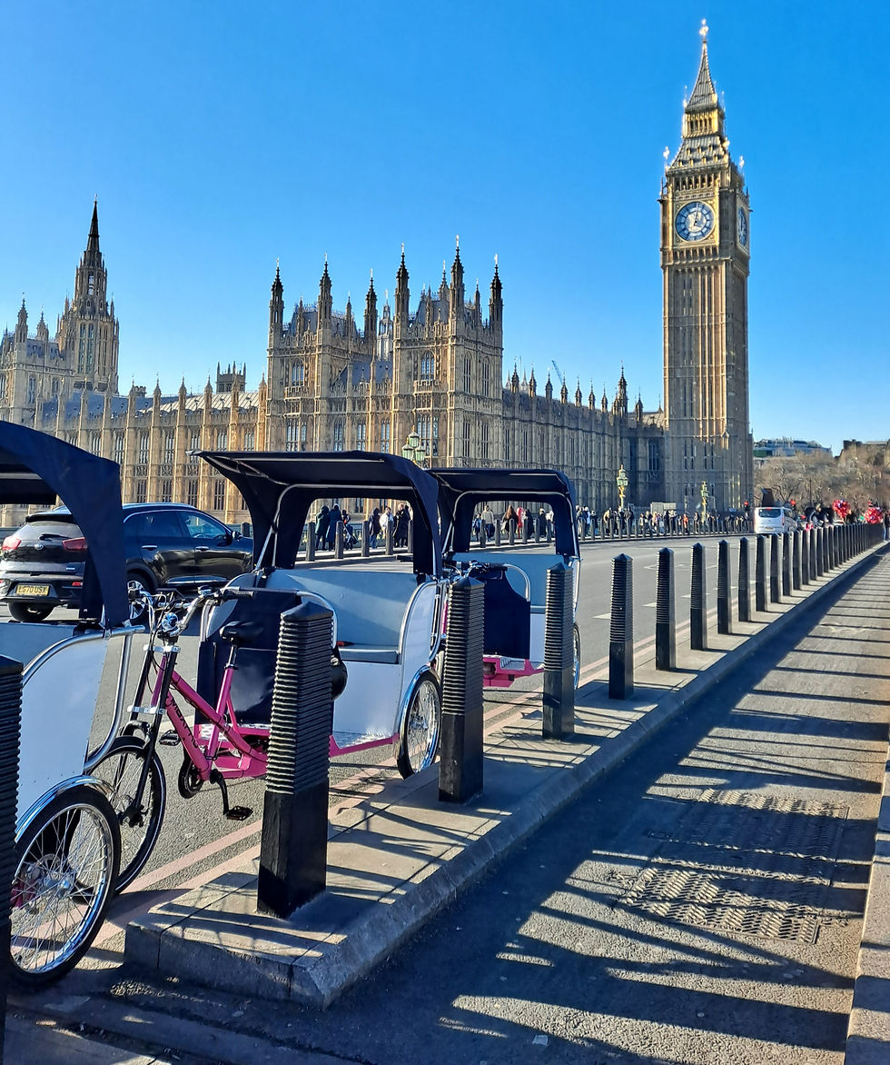 Trusted London rickshaws ready for group transport by the Houses of Parliament, ideal for compliant corporate events in the capital.