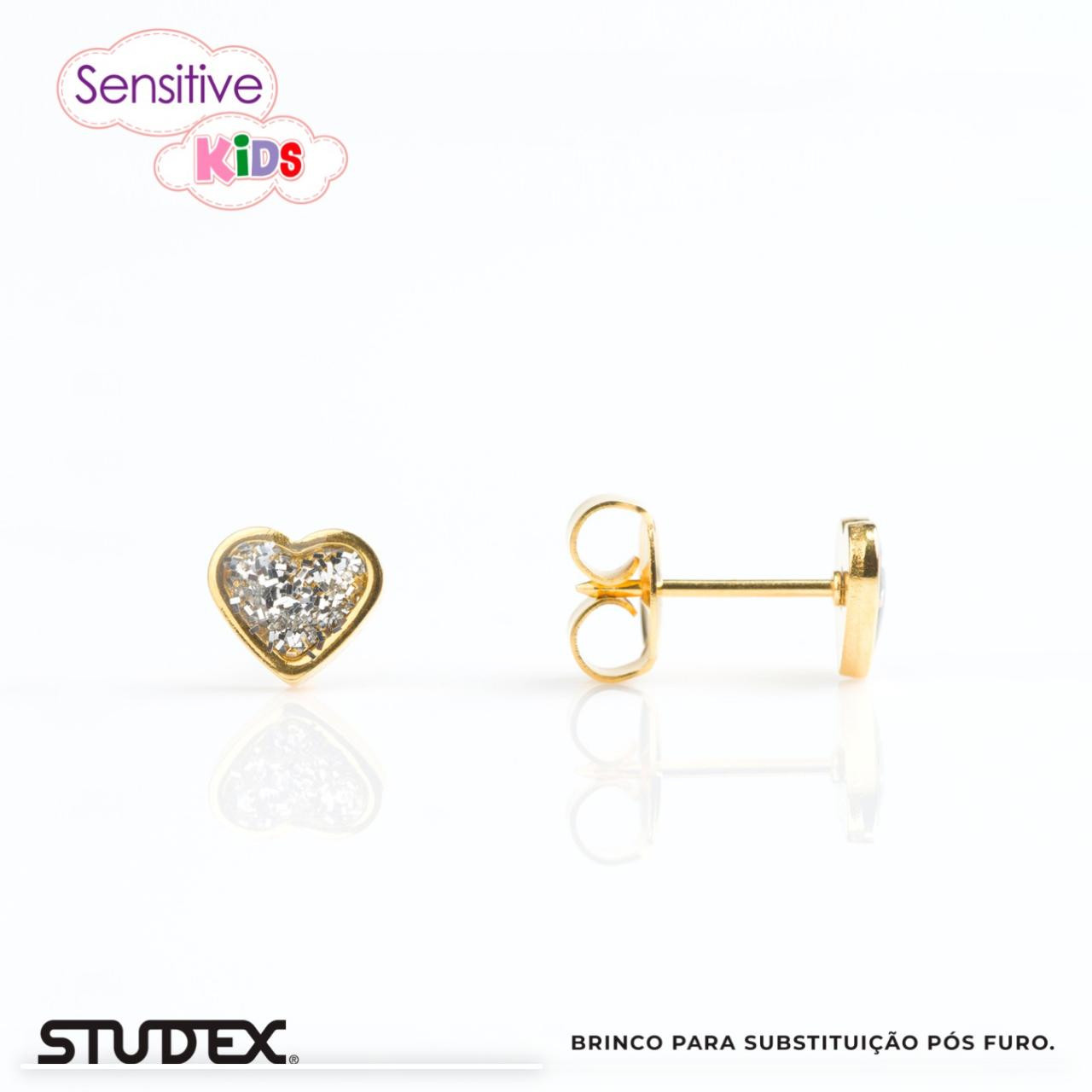 Brinco Sensitive Kids Coração Glitter Branco Dourado