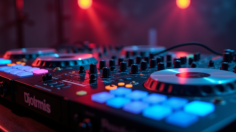 Close-up view of DJ mixing console with colorful lights
