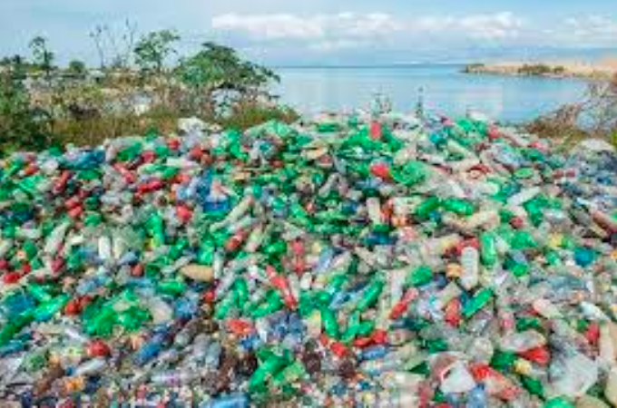 accumulation of plastic bottles washed up on a beach
