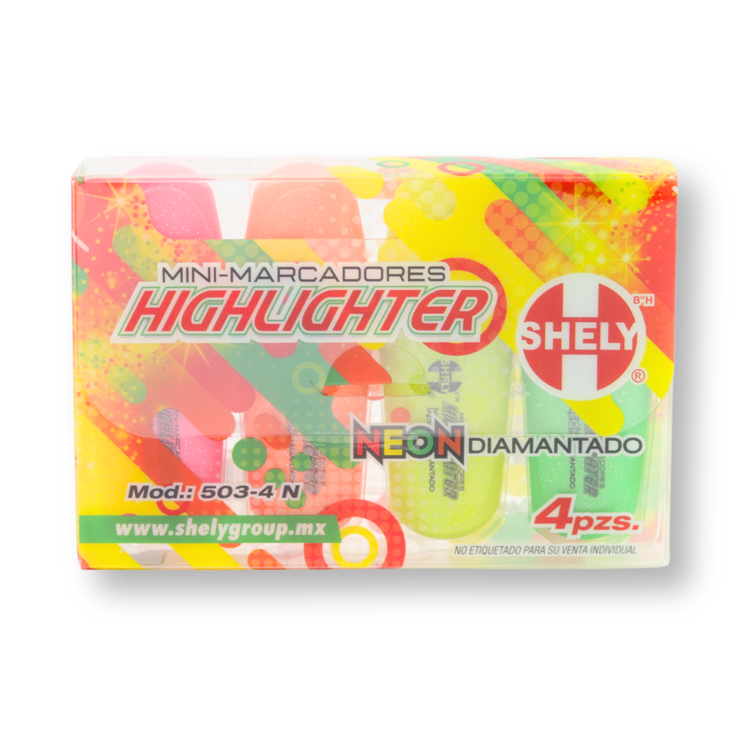MINI-MARCADORES HIGHLIGHTER NEON DIAMANTADO Mod:503-4 N 4 PZAS