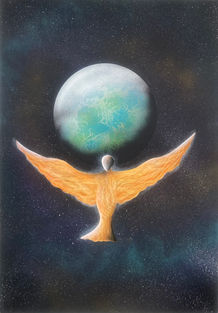 A bird of fire flies in front of a planet in universe, protecting the planet.
