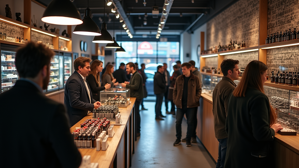 High angle view of a vape shop event with customers chatting and sampling products