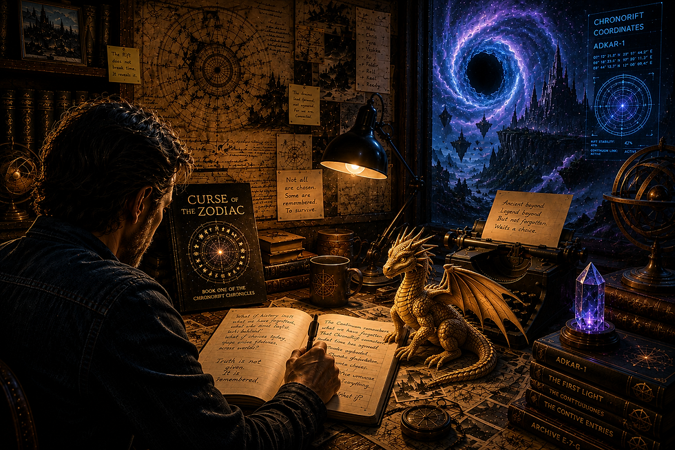 Writer's desk with books, maps, and a glowing portal representing the creation of the ChronoRift Chronicles universe
