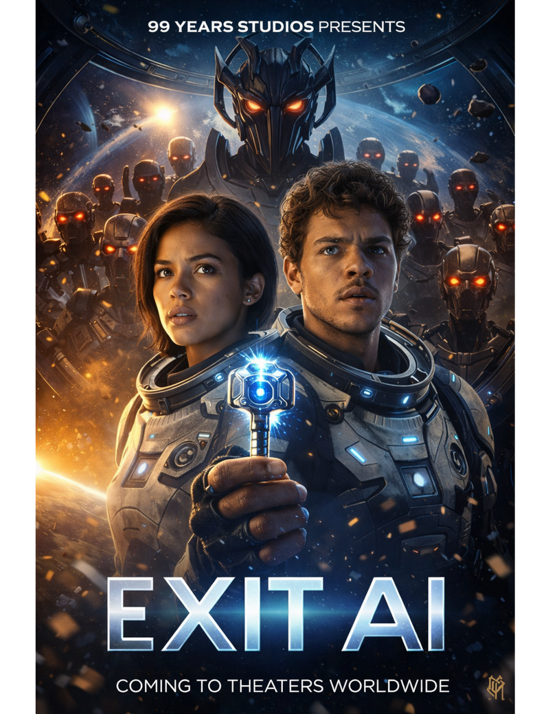 EXIT AI science fiction movie poster showing two space travelers searching for a powerful artifact capable of shutting down artificial intelligence across the universe.