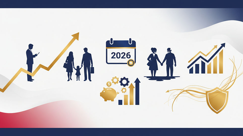 "Infografika: Kluczowe zmiany w emeryturach na 2026 rok — waloryzacja, limity dorabiania i optymalne terminy przejścia na emeryturę."