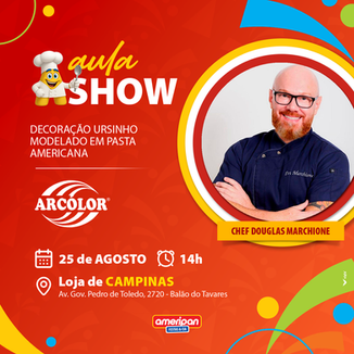 Aprenda a fazer decoração de ursinhos modelados com pasta americana, com o Chef Douglas Marchione, utilizando os produtos da Arcolor. Dia 25/08/2026 as 14h na loja Ameripan Festas em Campinas.
Não precisa de inscrição.