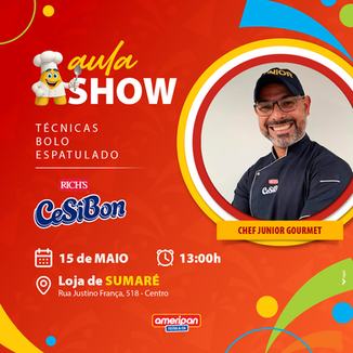 Aprenda as técnicas de bolo espatulado com o Chef Júnior Gourmet utilizando os produtos Cesibon. Dia 15/05/2026 às 13h na loja Amripan Festas em Sumaré.
Não precisa de inscrição.