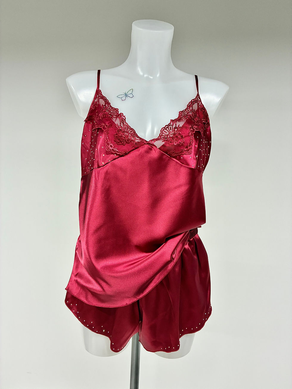 Burgundy Red Crystal & Lace Pyjama Set