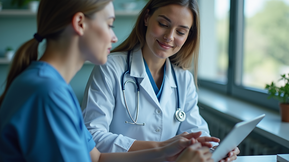 Eye-level view of a healthcare professional using a tablet to consult with a patient