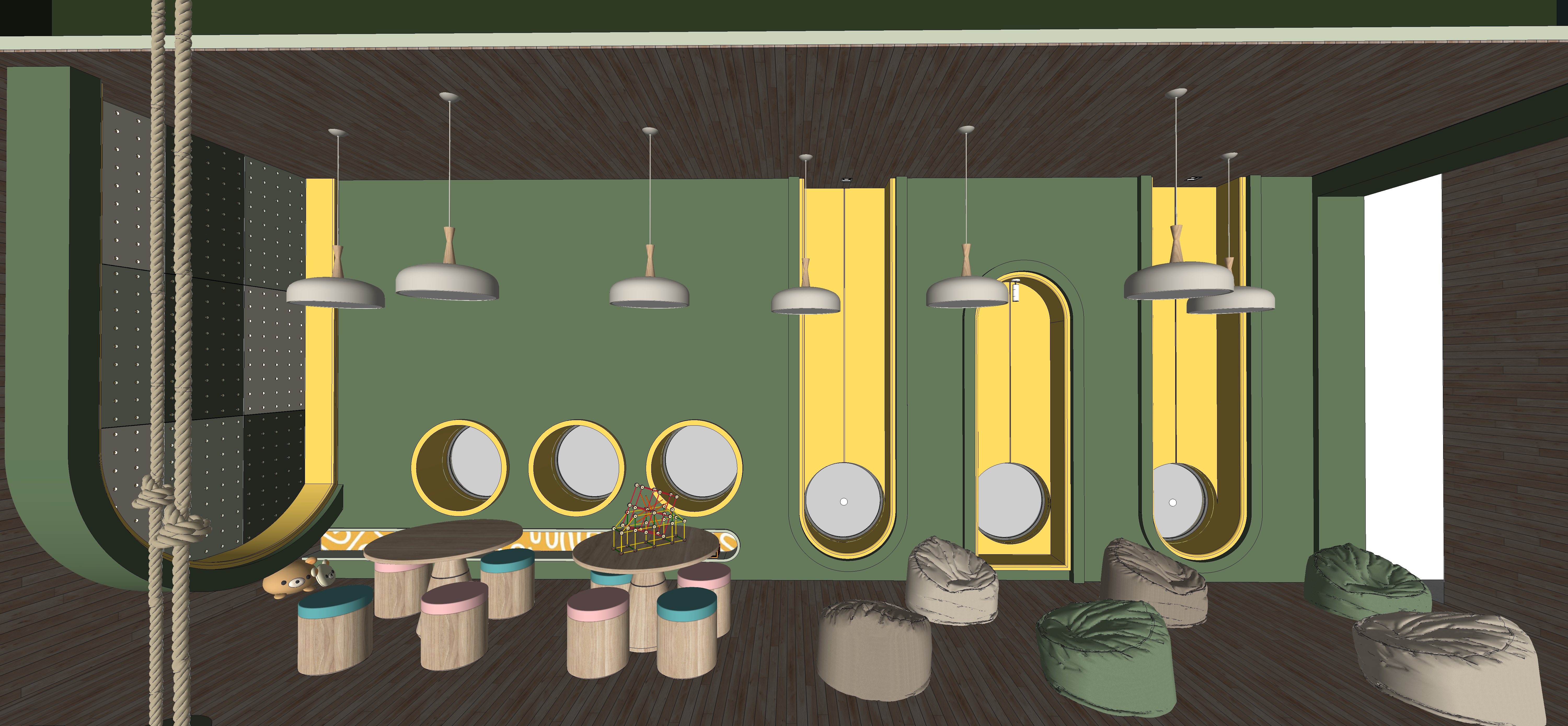 A cozy and stylish living room with bright blue and white traditional Greek island architecture visible through large windows. The interior features a modern orange and white sofa, elegant gold floor lamps, a wooden coffee table, and a bookshelf filled with books. Blue accents and Mediterranean elements create a warm, inviting atmosphere. This image was generated using ArchiVinci AI.