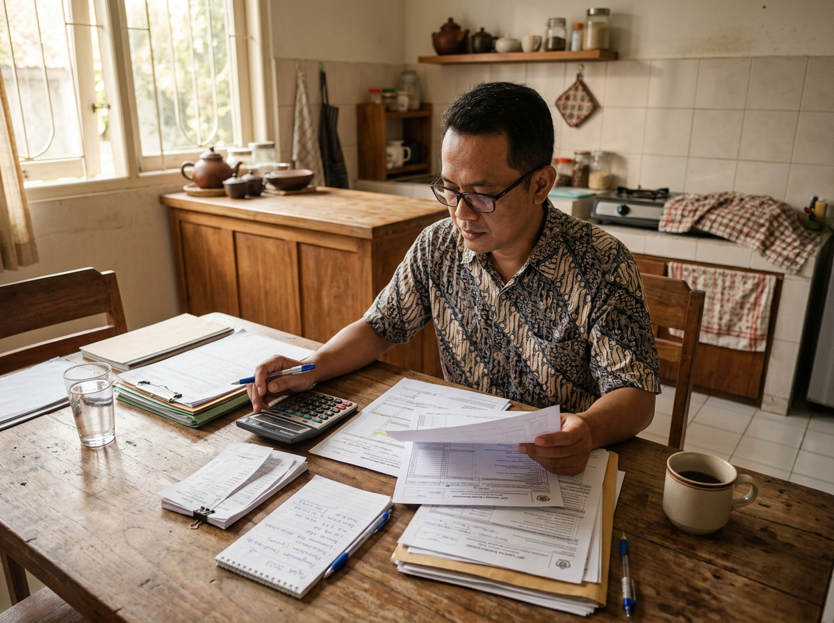 Wide-angle view of a person reviewing tax documents at a wooden kitchen table.