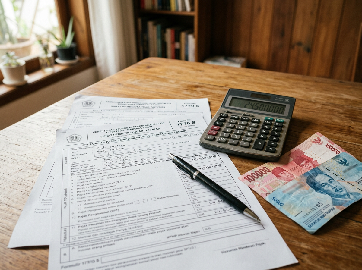 Close-up of tax forms, calculator, and rupiah notes on a home table.