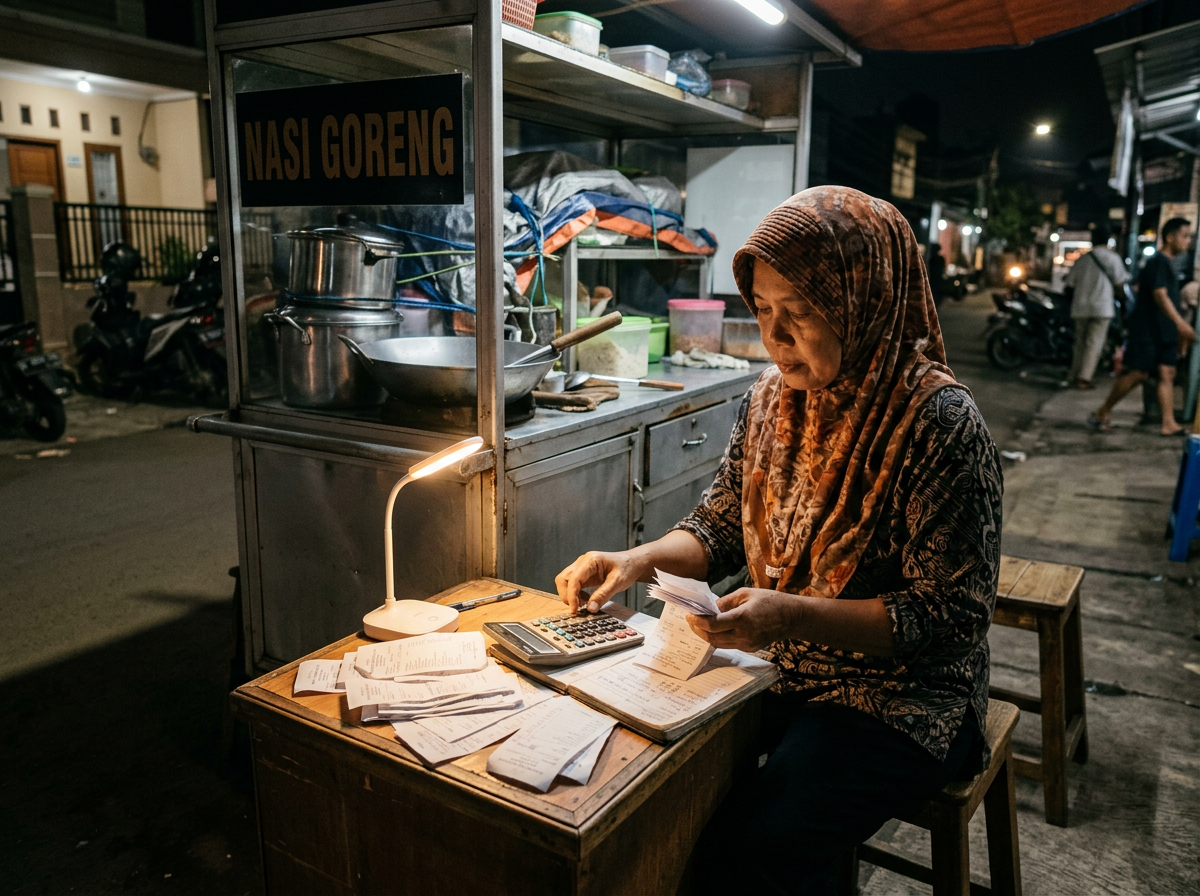Eye-level view of a small food stall owner counting receipts beside a cart.