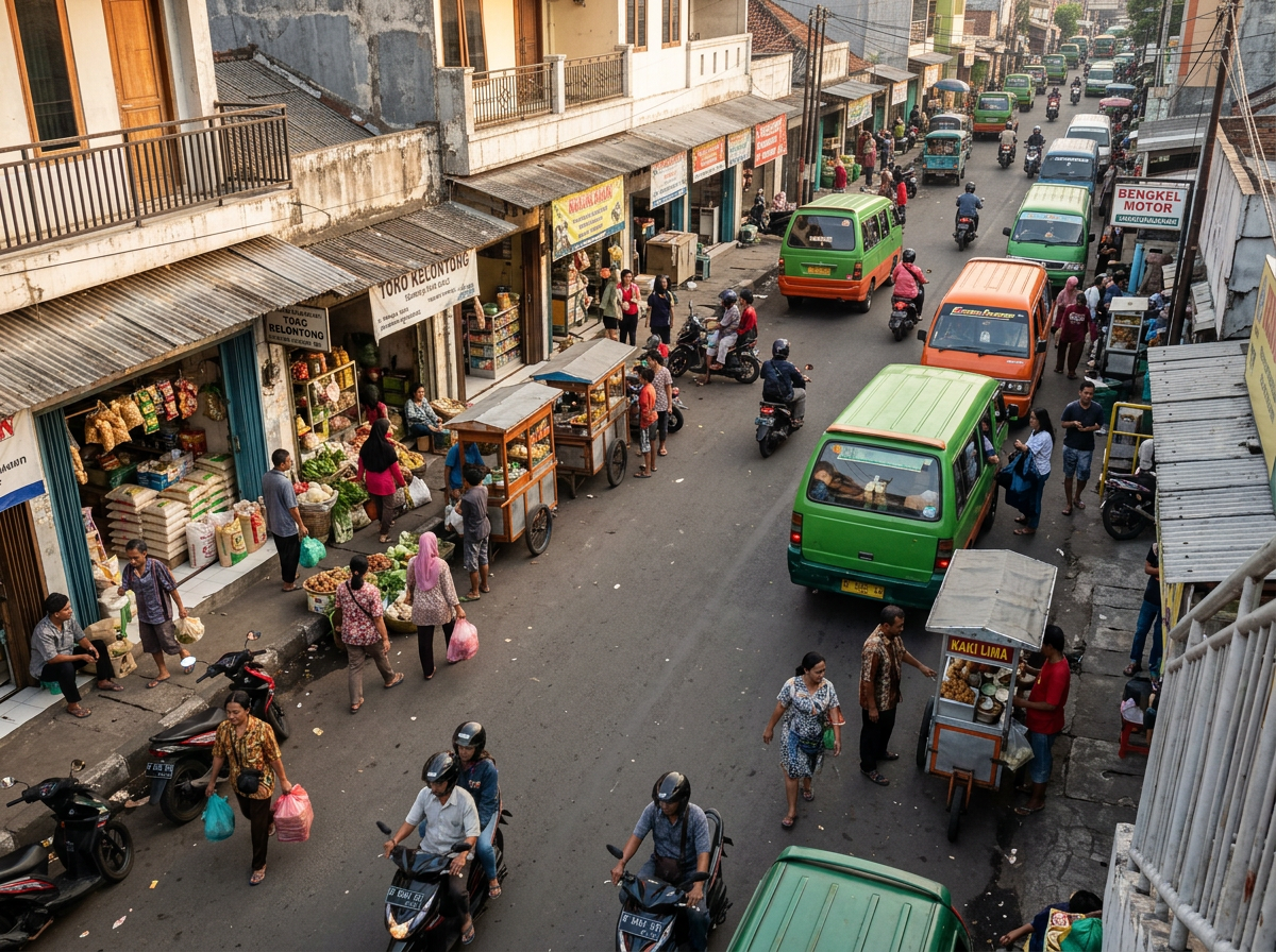 High-angle view of people moving through an Indonesian city street.