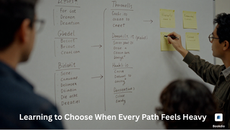 A person standing infront a white board, the board contains many choices and decision he should make. and the choice depends on the people near him. create some people near him too.