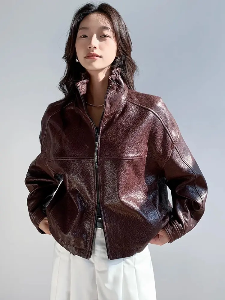 Vintage Genuine Leather Cropped Jackets for Women Spring Autumn 2026 New